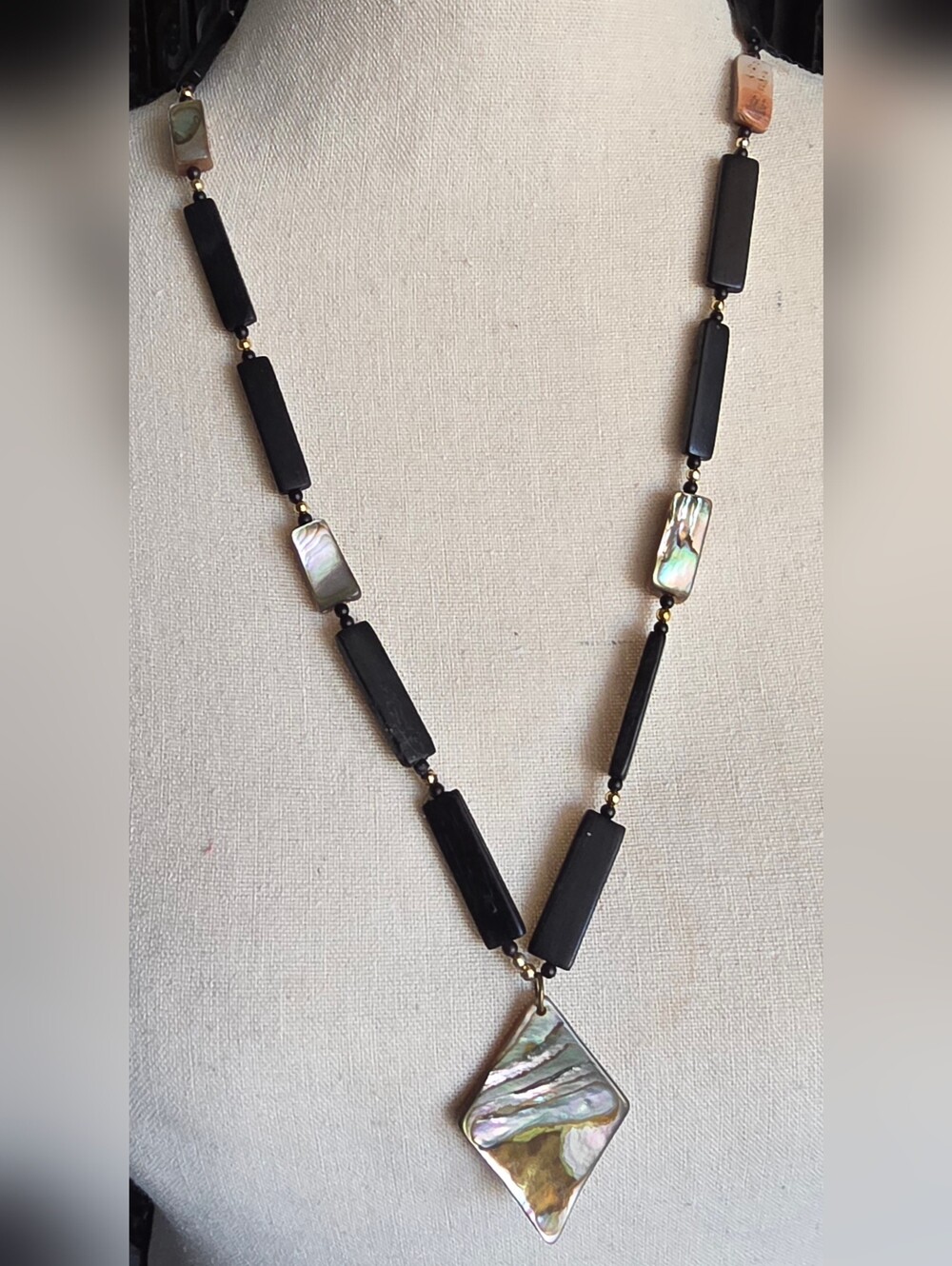 Iridescent Orange/pink/Green Abalone and Ebony Pendant Necklace - Vintage